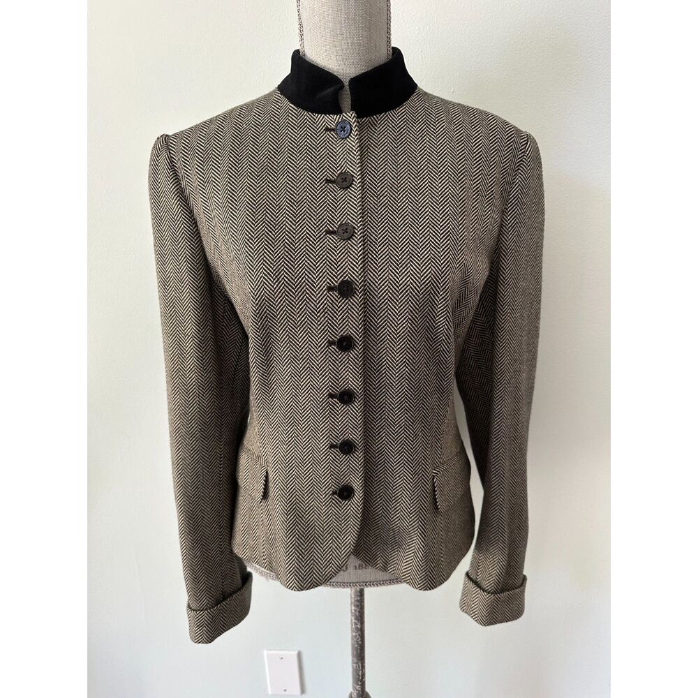 LRL Vintage Herringbone Wool Riding Jacket Velvet Collar Banded Blazer size 16